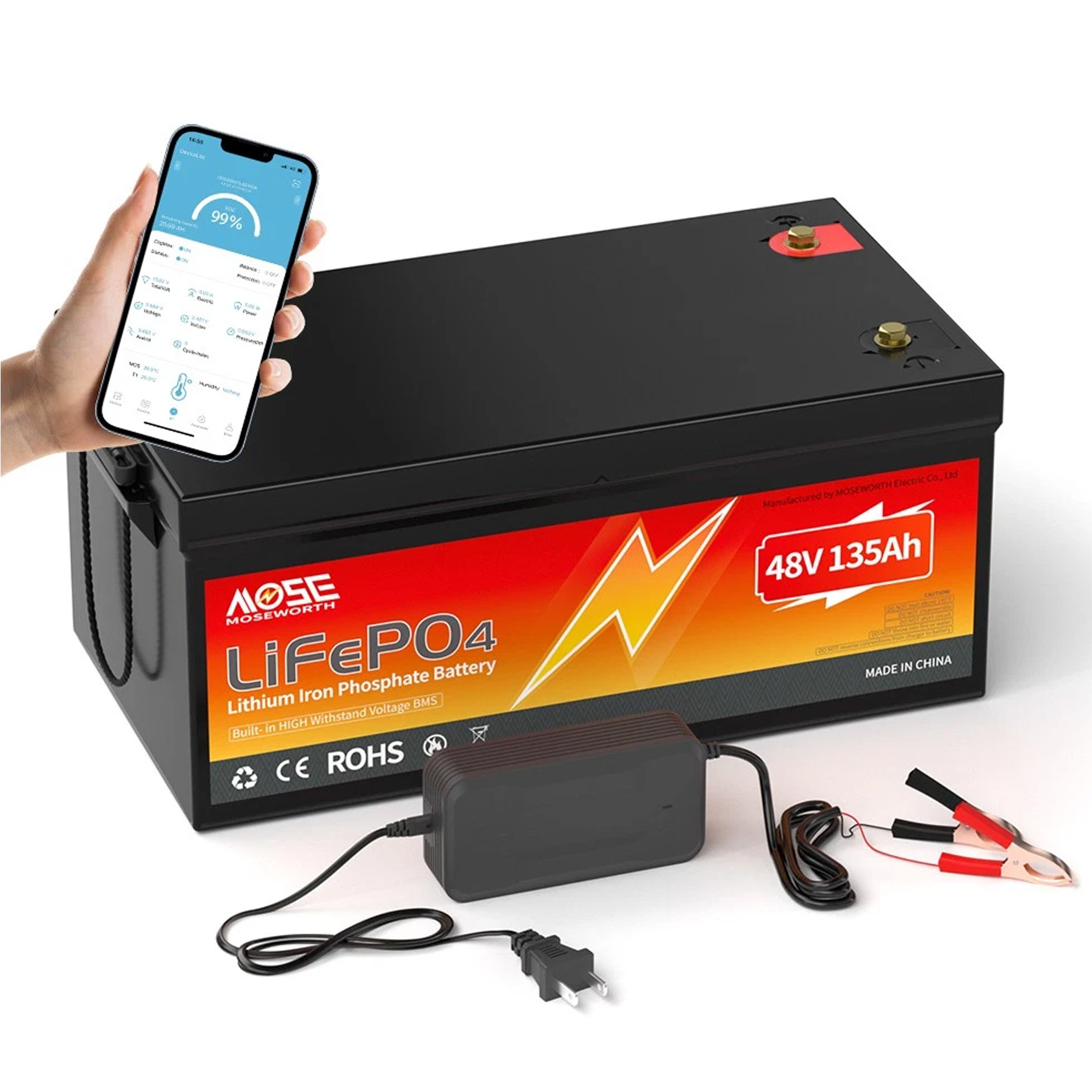 48V 135Ah  Golf Carts Lithium Lifepo4 Battery Bluetooth,200A BMS,for,Solar,RV,Motohome,off-Grid,Boat,Trolling Motor,15000+Deep Cycles
