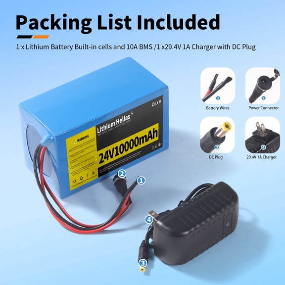 Lithium Hellas 24V10Ah Rechargeable Lithium Battery With 29.4V 1A Charger For Kid Ride On Toys and DIY Projects, Lightweight & Long-Lasting, 20A BMS