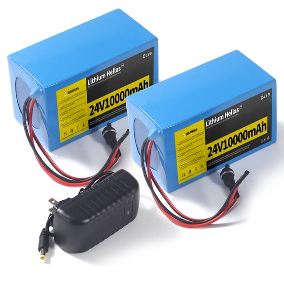 Lithium Hellas 2PCS 24V 10Ah Battery Pack with Charger, 20A BMS, Bare Wire Output, Rechargeable Lithium Battery for Kid Ride On Toys and DIY Projects