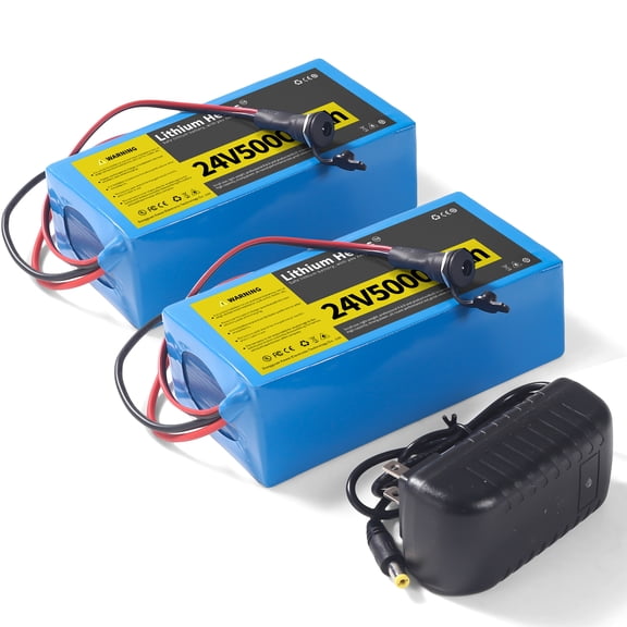 Lithium Hellas 2PCS 24V 5Ah Battery Pack with Charger, 20A BMS, Bare Wire Output, Rechargeable Lithium Battery for Kid Ride On Toys and DIY Projects
