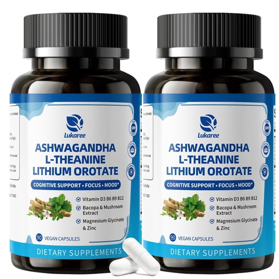 Lithium Orotate with Ashwagandha & L-Theanine for Memory, Focus, Mood, Energy Plus Bacopa, Lion's Mane, Magnesium, Zinc Advanced Mood & Brain Support for Men Women 180 Vegan Capsules by Lukaree