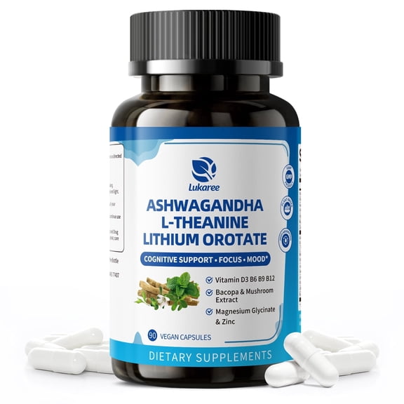 Lithium Orotate with Ashwagandha & L-Theanine for Memory, Focus, Mood, Energy Plus Bacopa, Lion's Mane, Magnesium, Zinc Advanced Mood & Brain Support for Men Women 90 Vegan Capsules by Lukaree