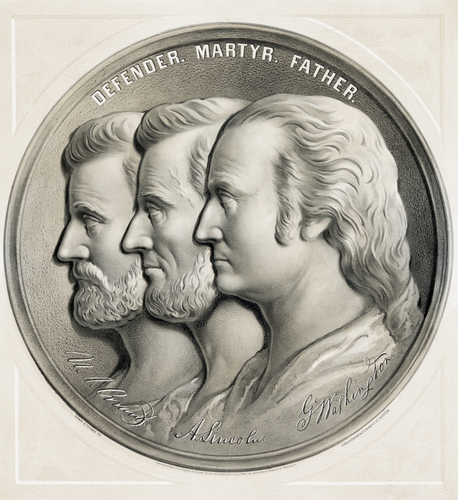 Lithograph From 1870 Of Medallion Showing Ulysses S Grant Abraham Lincoln And George Washington As Defender Martyr And Father Canvas Art - Ken Welsh Design Pics (14 x 15)