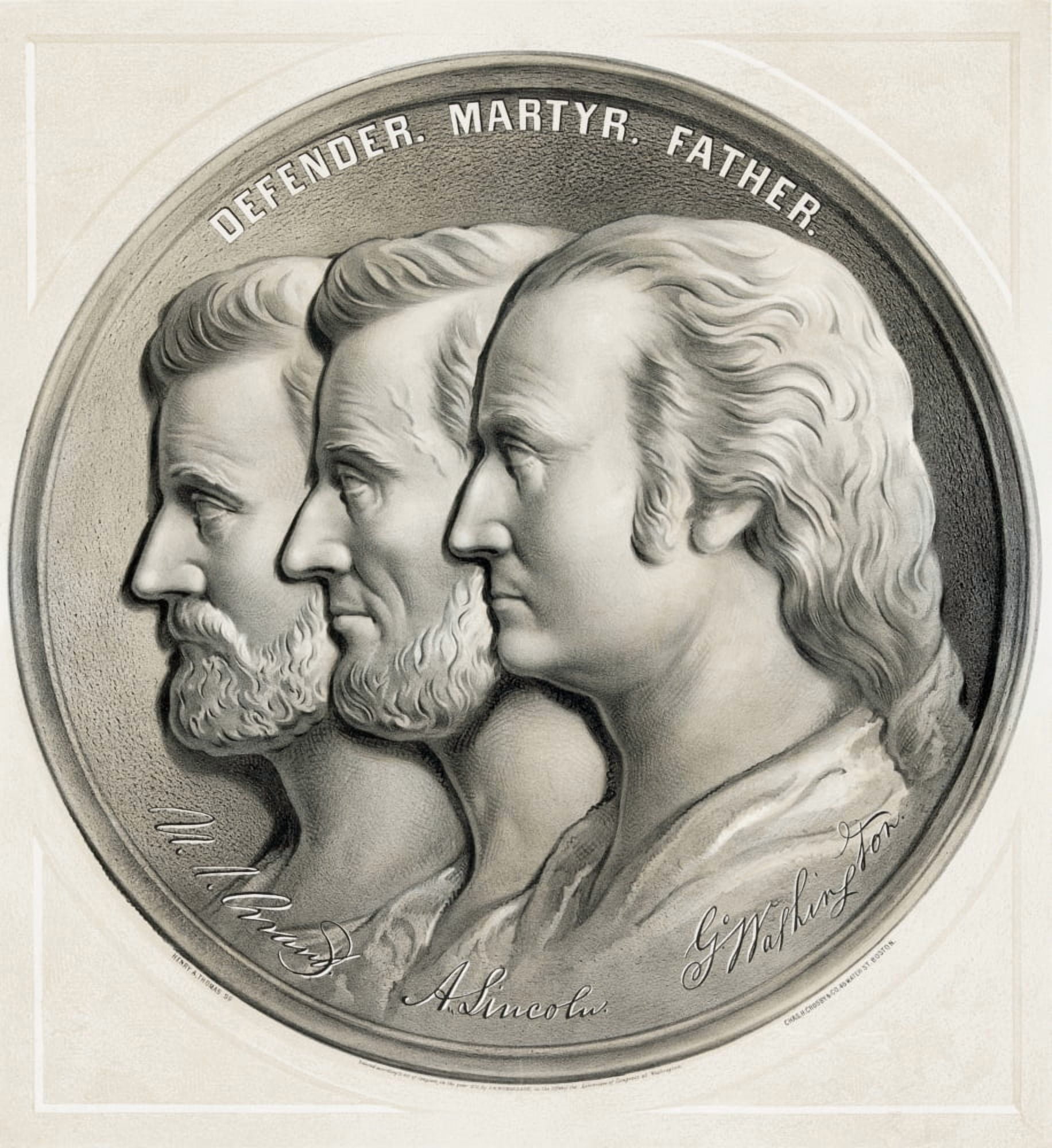 Lithograph From 1870 Of Medallion Showing Ulysses S Grant Abraham Lincoln And George Washington As Defender Martyr And Father Canvas Art - Ken Welsh Design Pics (28 x 30)