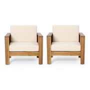Lithonia Acacia Wood Outdoor Club Chairs with Cushions, Set of 2, Teak and Cream