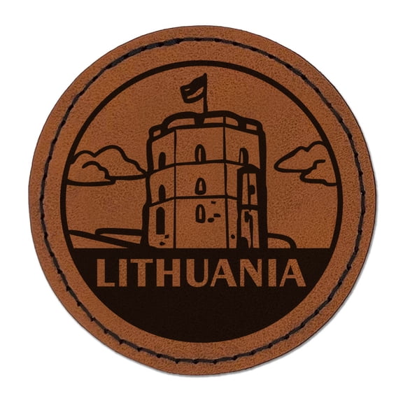 Lithuania Gediminas Tower Vilnius Country Destination Travel Landmark Round Iron-On Engraved Faux Leather Patch Applique - 2.5 Inch - Brown