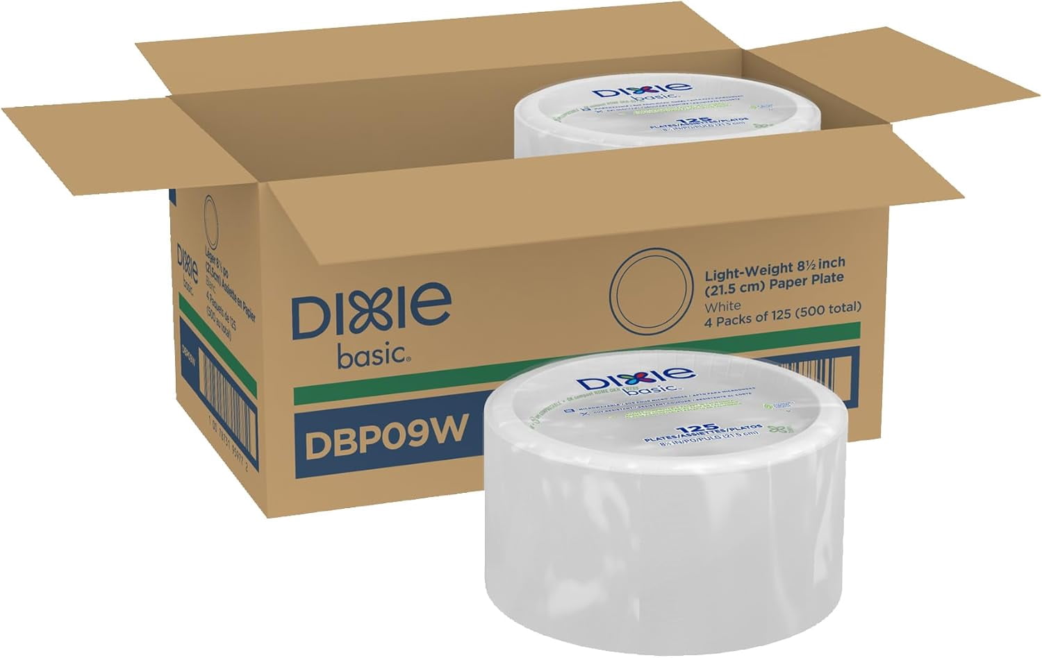 Litian Basic 8.5 Inch Light-Weight Paper Plates By GP PRO, White, 500 Count (125 Disposable Plates Per Pack, 4 Packs Per Case), DBP09W