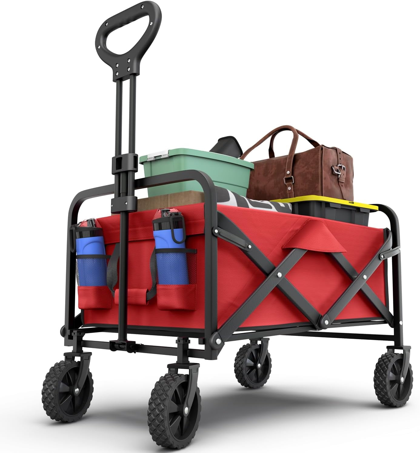 Litian Foldable Heavy Duty Utility Wagon Cart with Larger Capacity - Perfect for Shopping, Sports Events, Grocery, Moving, Camping, Laundry, Beach - Red