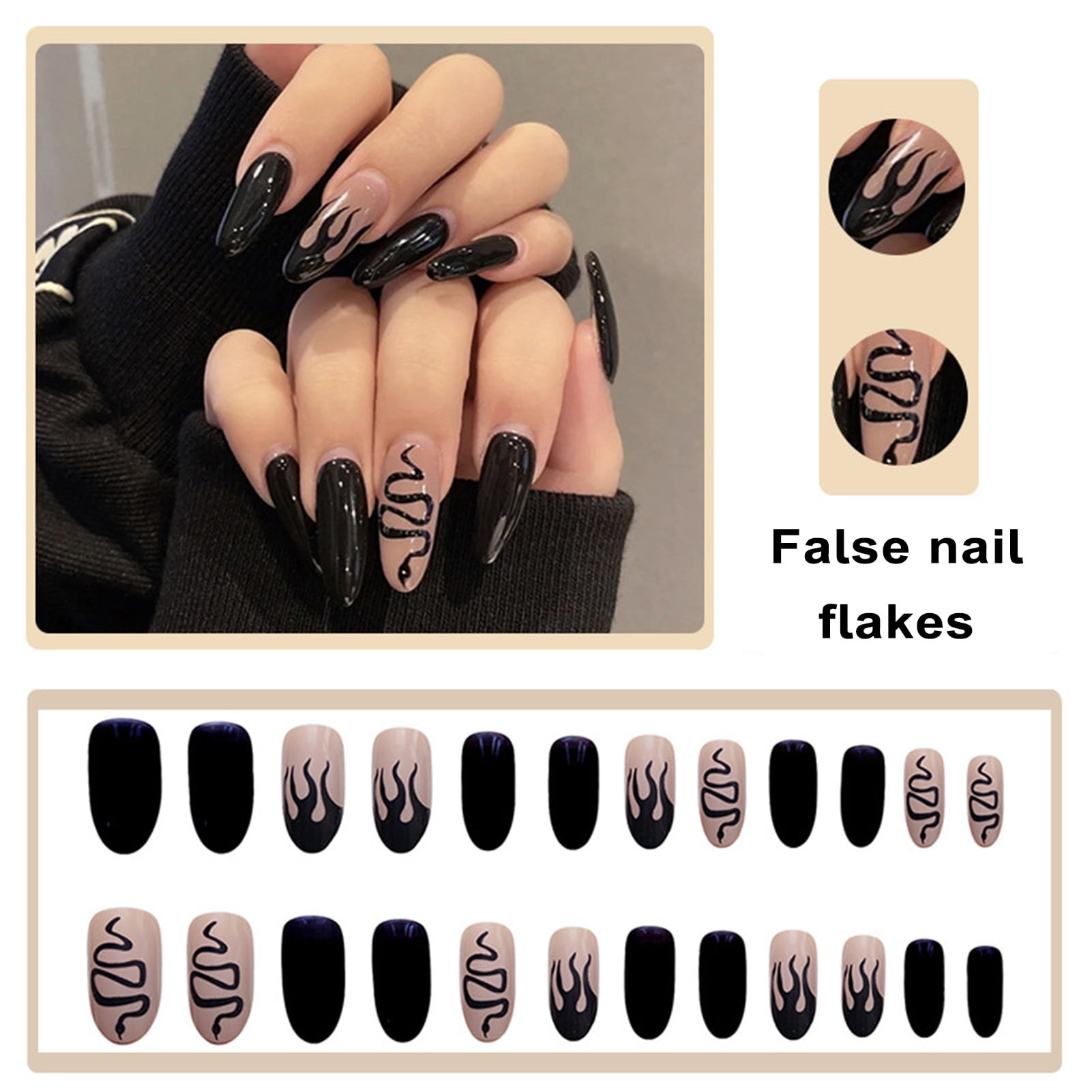 Litie 24Pcs Fake Nails,ABS Nails Glossy Glue Black False French Tip