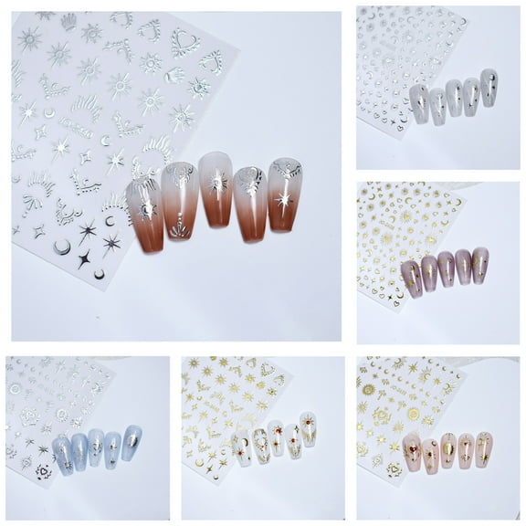 Litie 6 Sheets Metallic Nail Stickers,Star Heart Moon Sun Pattern Nail Art Stickers 3D Self-Adhesive Nail Art Design for Women Girls DIY Manicure Decoration
