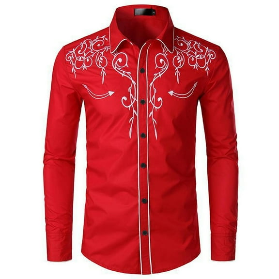 Litie Men Embroidered Lapel Collar Long Sleeve Button Down Western Cowboy Shirt