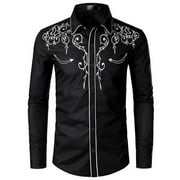 Litie Men Embroidered Lapel Collar Long Sleeve Button Down Western Cowboy Shirt