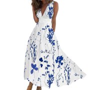 Litie Women Floral Print Deep V Neck Sleeveless Flowy Hem Maxi Dress