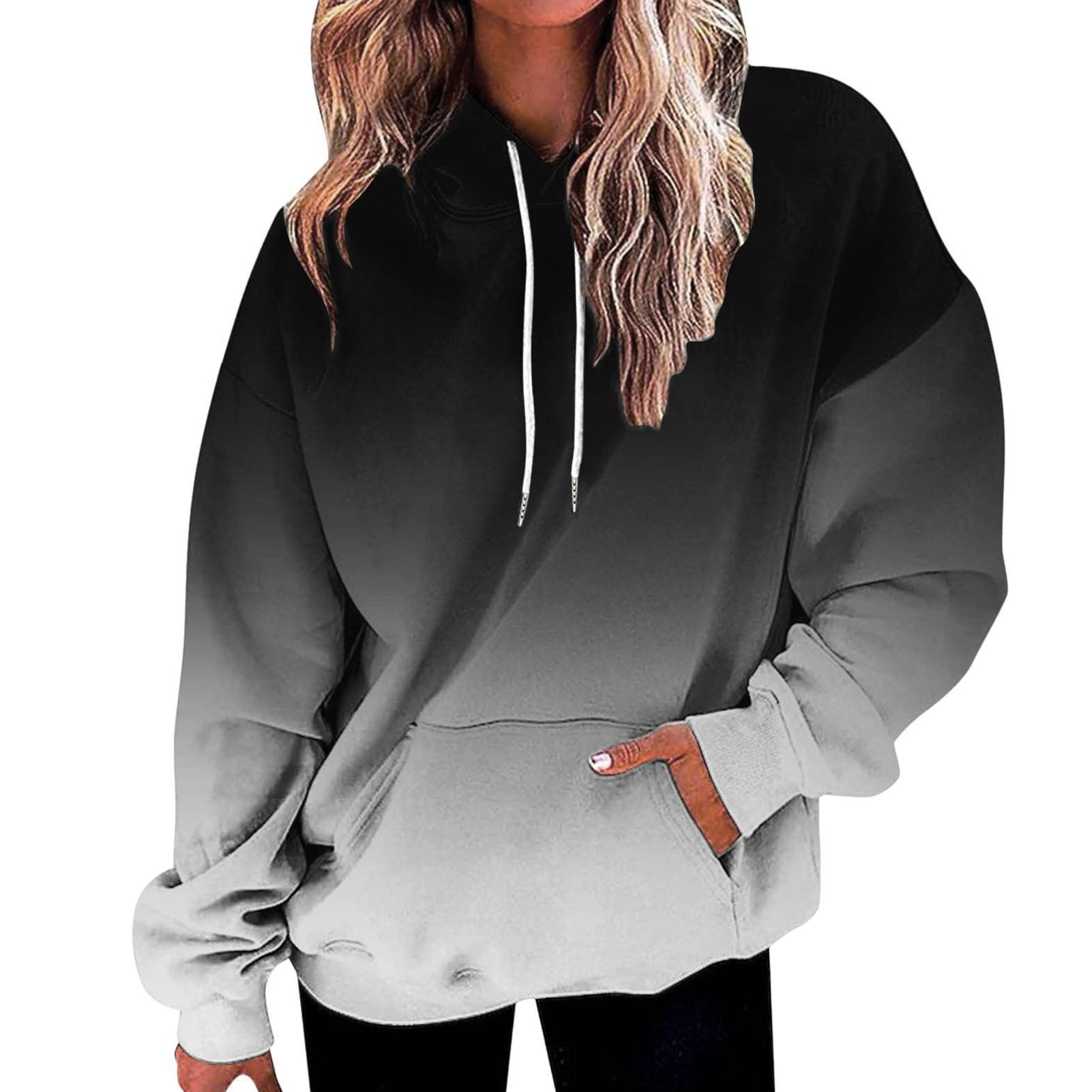 Litie Women Gradient Color Hoodies Long Sleeve Elastic Cuff Patch