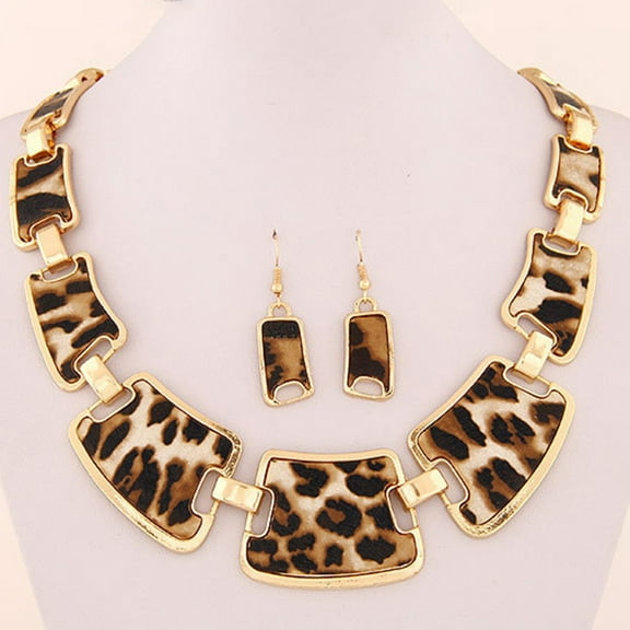 Litie Women Hypoallergenic Retro Alloy Leopard Print Necklace with Hook Earrings Two-Piece Set