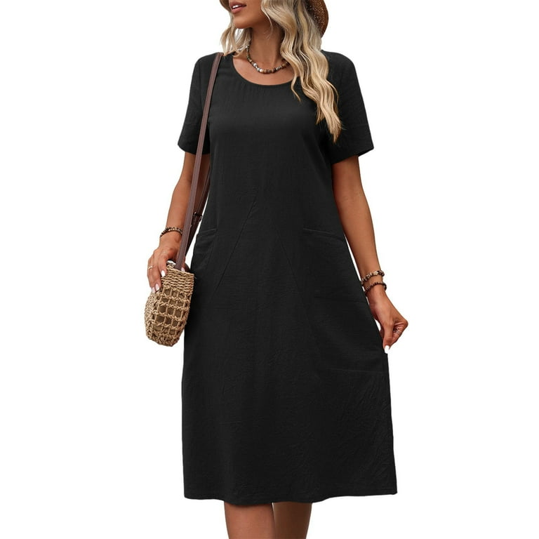 Litie Women Solid Color Round Neck Short Sleeve Two Pockets Loose Pullover Summer Dress Walmart