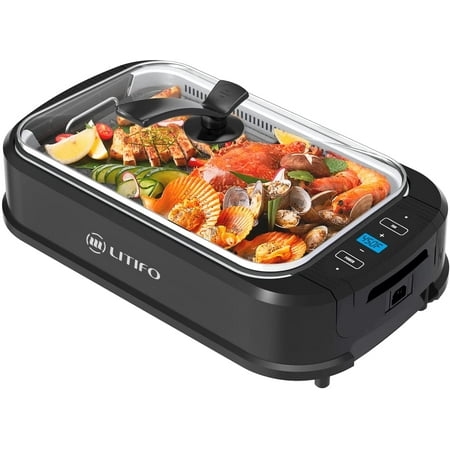 Litifo Smokeless Grill, Portable Electric Grill with Non-Stick Coating, Removable Dishwasher-Safe Plate, Tempered Glass Lid, Up to 460