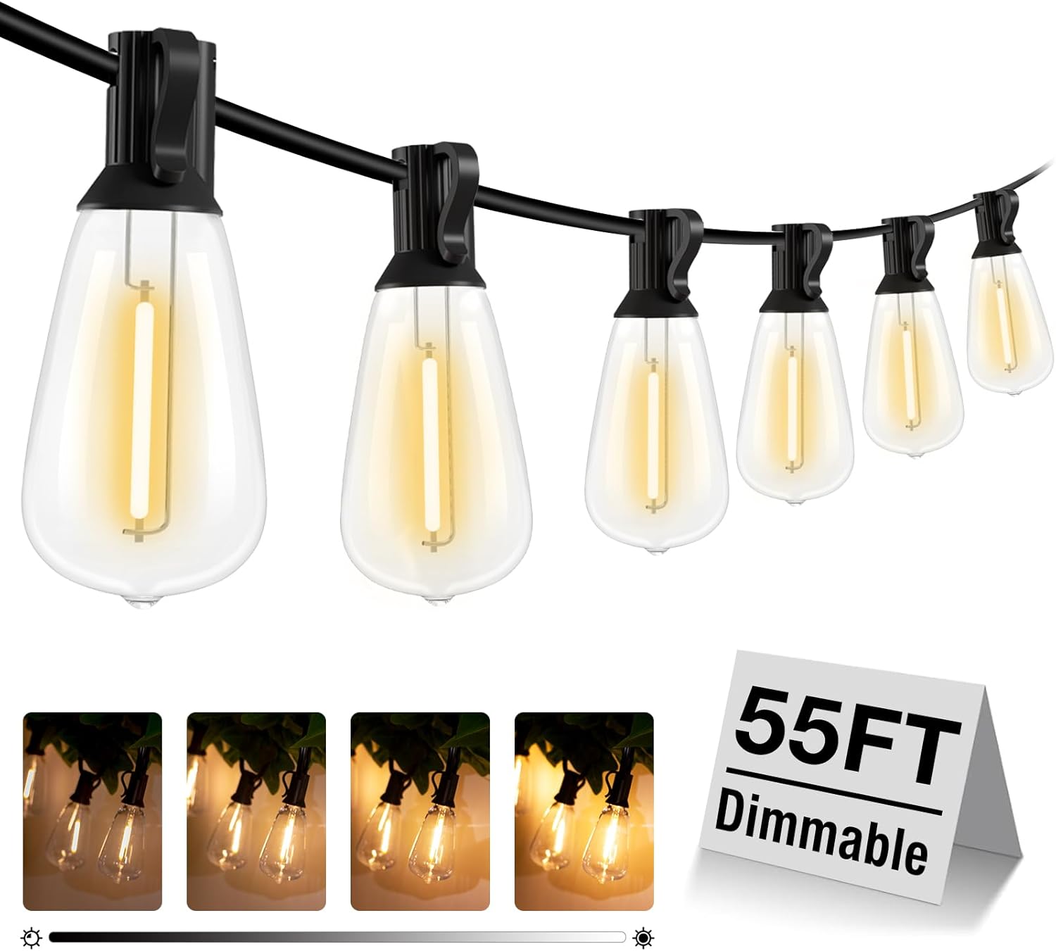 55FT LED Outdoor String Lights with Dimmer, Waterproof Patio Lights with ST38 Vintage Edison Bulbs, Warm White Outside Hanging Light with Timer for Yard Gazebo Party