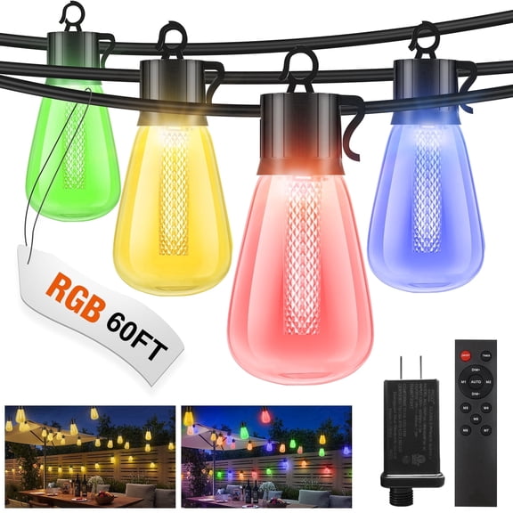 60FT Color Changing Outdoor String Lights with Remote - Dimmable LED RGB Patio Lights for Outside with Shatterproof Waterproof Edison Bulbs for Yard Gazebo Party Wedding Holiday