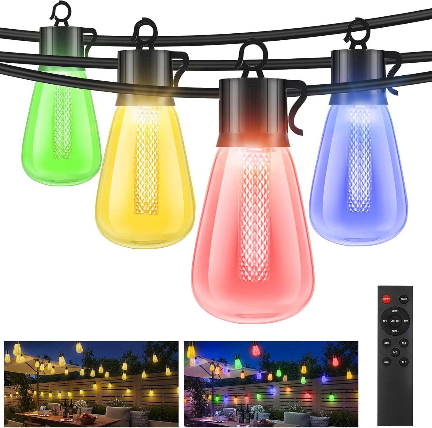 Color Changing Outdoor String Lights, 60FT Dimmable LED RGB Patio Lights with Remote, Waterproof Shatterproof Edison Bulbs for Yard Gazebo Party Wedding Holiday