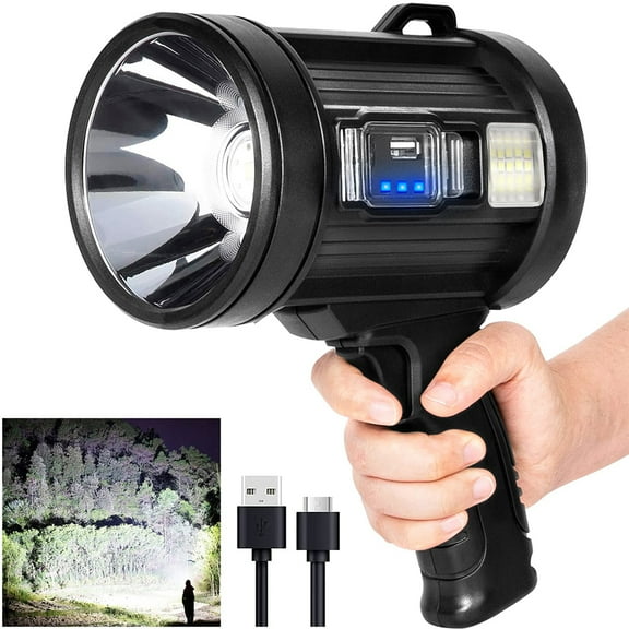 Litom Handheld Rechargeable Spotlight, 200000 Lm Outdoor Handheld Spotlights with Cob Light and Solar Panels, Lightweight and Long Running Spotlight for Hunting Boating Camping