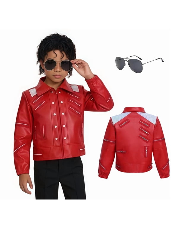 Red Leather Jacket Pop Star Costume for Kids,80s Disco Outfits for Boys,Retro Rockstar Costume Boys,80s Party Wear, Halloween Costumes for Kids (RED,10-11 Years)