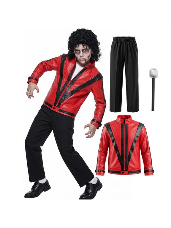 Red Leather Jacket Pop Star Costume for Kids,80s Disco Outfits for Boys,Retro Rockstar Costume Boys with Mike,80s Party Wear,Halloween Costumes for Kids (RED,10-12 Years)
