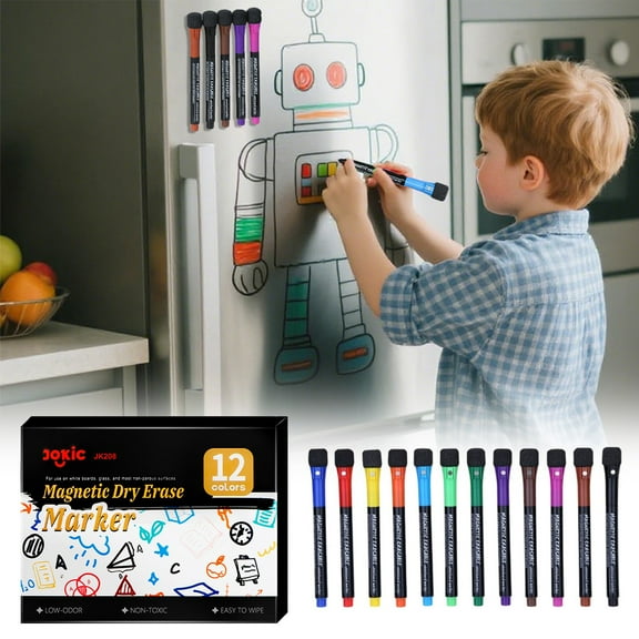 Litrail 12 Count Multicolor Magnetic Dry Erase Markers with Fine Tip & Built-in Eraser, Low Odor for Sch-ool Office Home