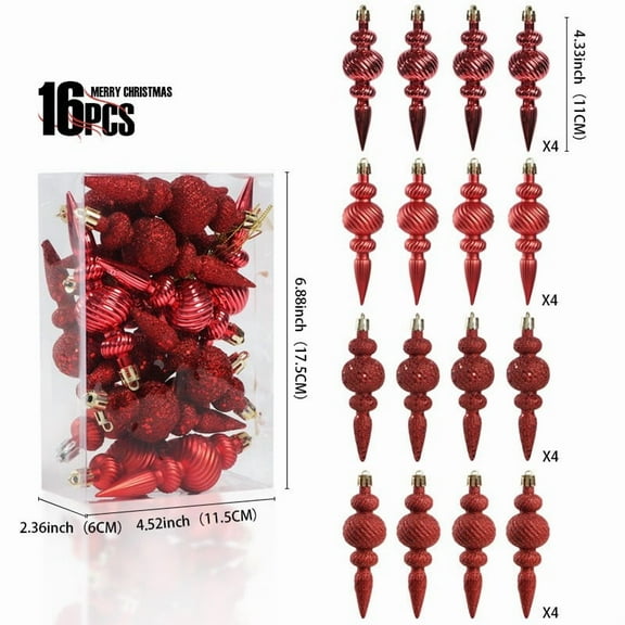 Litrail 16 Pcs 4.3 Inch Green Shatterproof Christmas Finial Ornaments - Waterproof Hanging Tree Decor with Glitter/Matte Styles