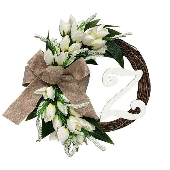Litrail 26 Letter Wooden Faux Tulip Wreath - 40cm Alphabet Door Hanger, Multi-Scene Wall/Window Decor for Spring Party, Housewarming, Mother’s/Father’s Day Gift