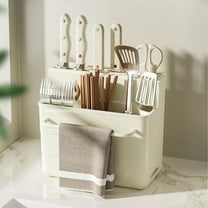 Litrail 3-Layer Non-Slip Kitchen Utensil Organizer, Plastic Beige Countertop Rack with Knife Holder, Cutting Board & Chopstick Storage, Removable Easy-Clean Design