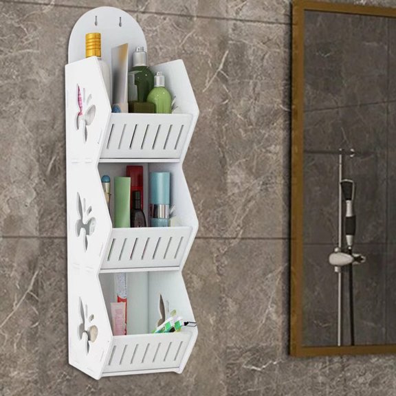 Litrail 3-Tier Wall-Mounted Bathroom Storage Rack - Waterproof PVC with Adhesive Hooks, Ventilated Design, Space-Saving for Toilet/Laundry Room, White