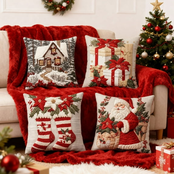 Litrail 4 Pack Christmas Pillow Covers 18x18 Inches - Soft Polyester Washable Cases with Hidden Zipper, Holiday Home Decor