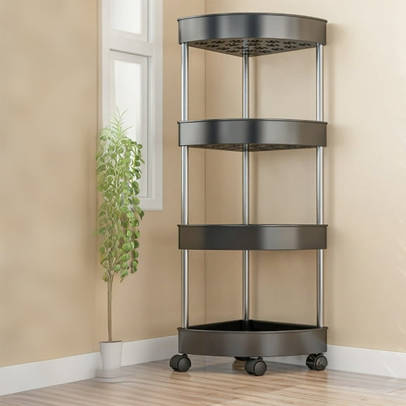 Litrail 5 Tier Drill-Free Bathroom Corner Shelf with Detachable Wheels, Hollow Out Drainage & Guardrails, Black Plastic Stainless Steel Storage Organizer