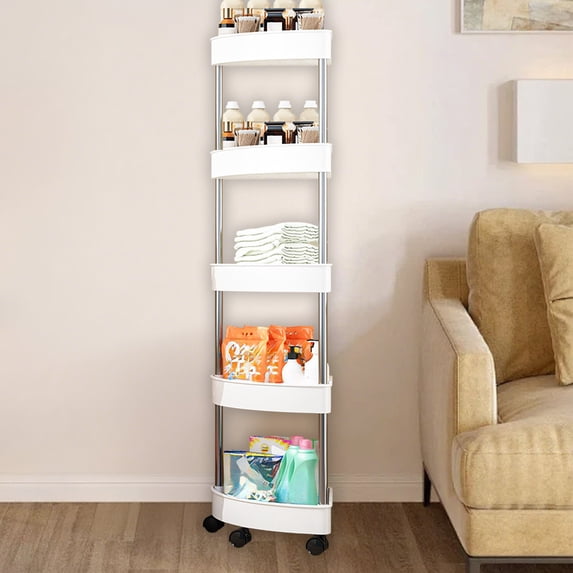 Litrail 5-Tier White Bathroom Corner Shelf, No Drilling Storage Organizer with Removable Wheels & Drainage Holes, Sturdy Plastic & Stainless Steel for Small Spaces