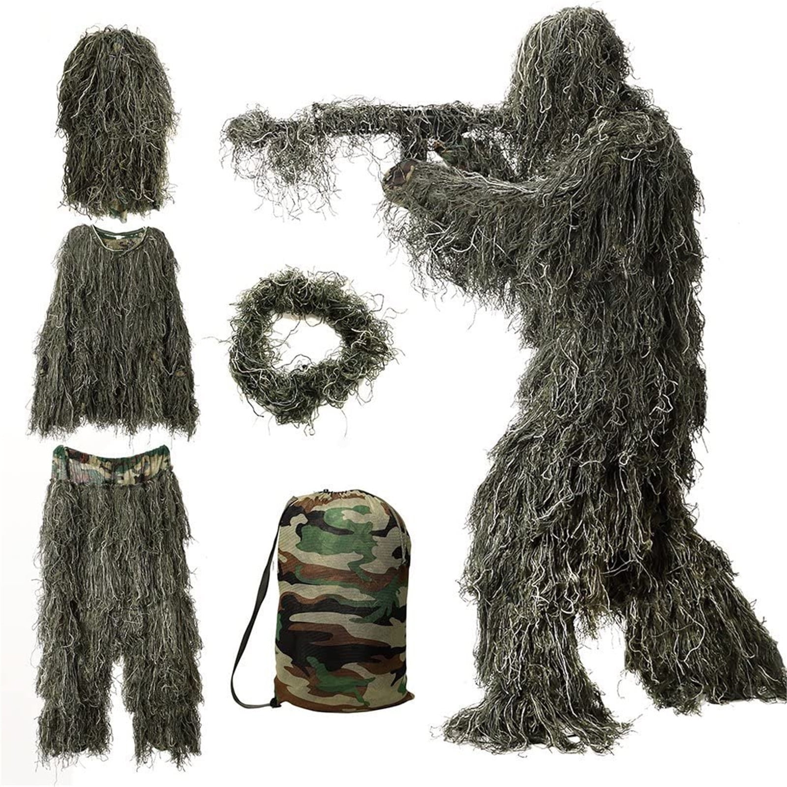 Litrail 5-in-1 Ghillie Suit 3D Camouflage Hunting Apparel with Jacket, Pants, Hood & Carry Bag - Lightweight Polyester Spandex for Hunting, Paintball & Photography
