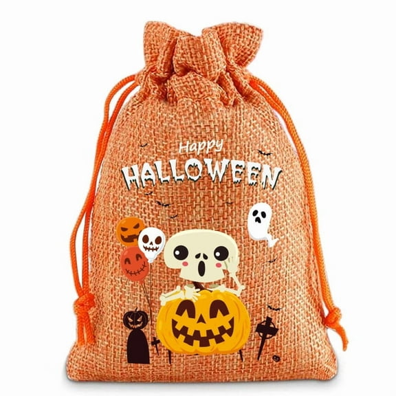 Litrail 6-Pack Linen Halloween Drawstring Trick or Treat Bags, Reusable Washable Candy/Gift Pouches for Party Favors, 3.9x5.9in Cute Pattern Halloween Decor