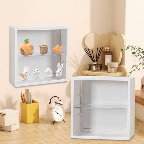 Litrail Beige Plastic Storage Display Box, Adhesive Wall-Mounted/Desktop Organizer with Removable Partition & Magnetic Door for Collectible Figurines Plush Toys Keepsakes