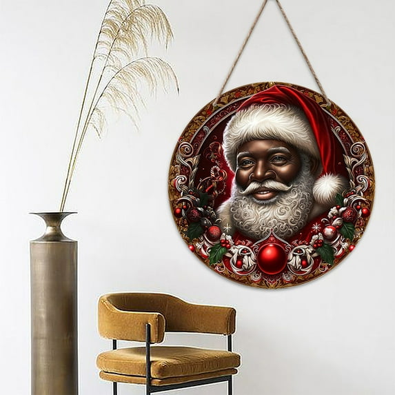 Litrail Black Santa Wooden Door Hanger - African American 7.87in Round Christmas Decor with Hanging Loop for Indoor/Outdoor Home Holiday Gift