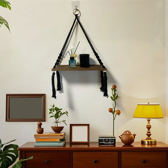 Litrail BohoTasselHangingShelf,Hand-WovenBlackWallDecorStorageforLivingRoomBedroomHome