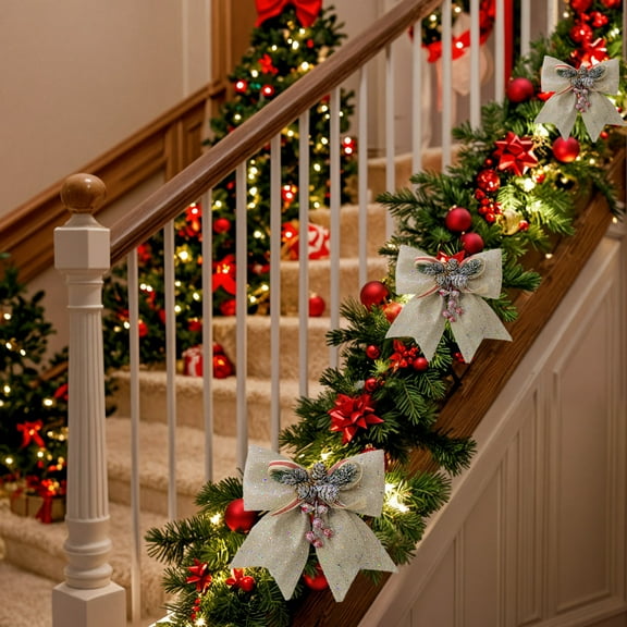 Litrail Christmas Glitter Bow, Iridescent Sparkly Holiday Decor (5.9in) - Durable Plastic for Tree, Gift Boxes & Doors