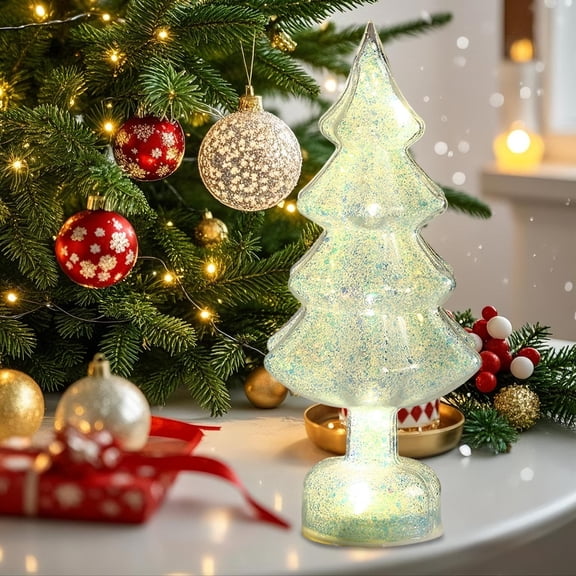 Litrail Christmas Tabletop Decor with Night Light, Pink Glitter LED Christmas Tree Ornament, Battery-Operated Festive Desk Gift for Home Bedroom