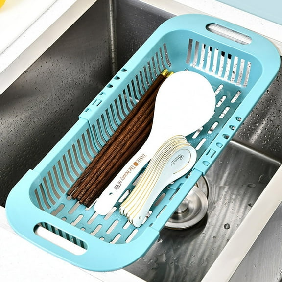 Litrail Expandable Kitchen Sink Colander - 35-45cm Telescopic, Dual-Hole Drainage, Food-Safe PP, Holds 15 Plates/Fruits, Multipurpose Organizer (White/Blue/Yellow)