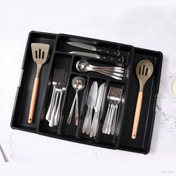 Litrail Expandable Silverware Organizer for Kitchen Drawer - Black Polypropylene with Segmented Compartments, Stable Dividers & Non-Scratch Edges