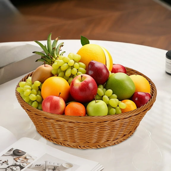Litrail Faux Rattan Plastic Storage Basket, 13.8 Inch Multi-Functional Woven Organizer for Fruit, Veggie, Snack, Candy - Durable Washable Kitchen Countertop Tray