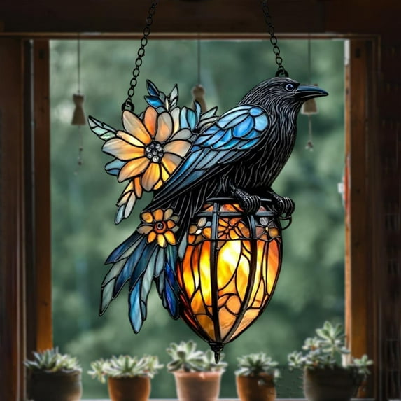 Litrail Gothic Crow Stained Glass Suncatcher - Artisanal Window Hanging Decor for Home & Collectors