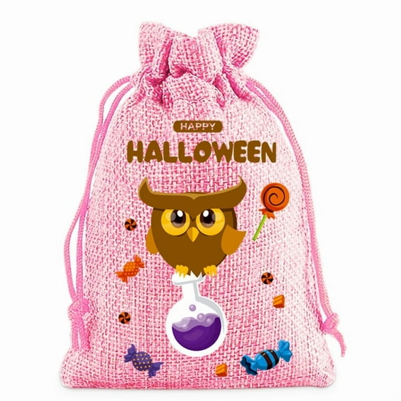 Litrail Halloween Trick or Treat Bags - Set of 6 Reusable Natural Linen Pouches with Satin Drawstring, Assorted Patterns, 3.9x5.9 Inch for Party Favors & Candy Storage