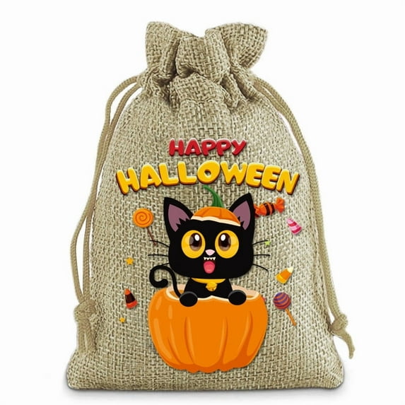 Litrail Halloween Trick or Treat Drawstring Bags - 6 Assorted Cute Patterns Reusable Linen Candy Bags, Small 3.9x5.9in for Halloween Party Favors & Decorations