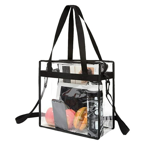 Litrail Large Clear Stadium Approved Tote Bag - Transparent PVC Makeup Cosmetic Toiletry Bag with Handles - Black, 12x12x6in, Multipurpose for Events, Beach, Diaper Organizer