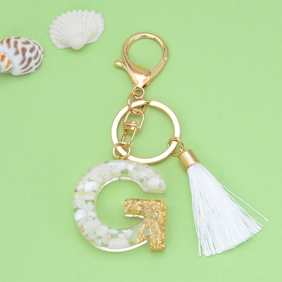 Litrail Personalized Initial White Tassel Keychain - Crystal Drop Pendant, Custom Letter Key Ring & Fashionable Bag Charm for Women, Multi-Use Accessory